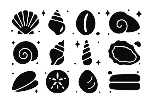 Seashell Icon Grid. Seashells. Solid icons set of Seashells: scallop shell, conch shell, cowrie shell, clam shell, nautilus shell, whelk shell, auger shell,