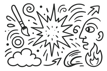 Fototapeta premium Doodle Color Burst. Color explosion. Hand-drawn doodle illustration color explosion starburst, paint splash, brush, swirl, circles, dots, lines, abstract face,