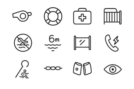 Pool Safety Icons. Pool Safety. Line icon set of Pool Safety: lifeguard whistle, life ring, first aid kit, no diving sign, depth marker, pool fence, rescue