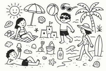 Obraz premium Beach Day Doodles. People enjoying a day at the beach. Hand-drawn doodle illustration people enjoying a day at the beach umbrella, beach towel, sunglasses,