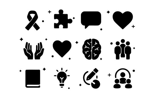 Awareness Icons Grid. Awareness Campaign. Solid icons set of Awareness Campaign: ribbon, puzzle piece, speech bubble, heart, hands, brain, group of people,