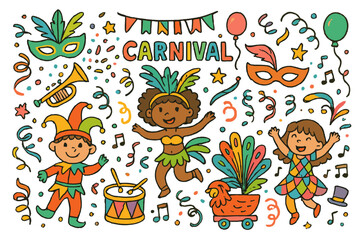 Obraz premium Colorful Carnival Doodles. Carnival celebration. Colorful Hand-drawn doodle Children illustration Carnival celebration masks, feathers, trumpets, costumes,