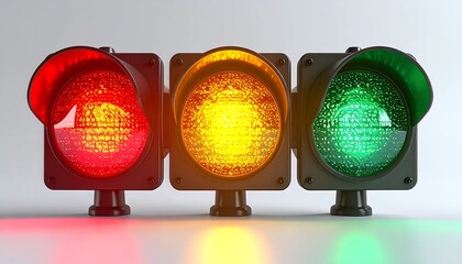 3D Traffic Light with Red, Yellow, and Green Lights Isolated on White Background