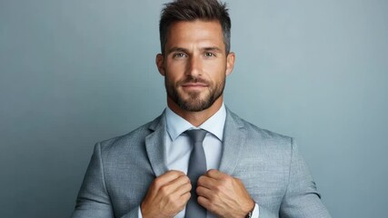 Stylish man gray suit jacket adjusting tie, showcasing confidence and professionalism every detail