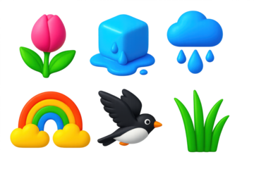 Vibrant Seasonal Icons. 3D icon set of seasonal change: blooming bud, melting ice, spring rain, rainbow, migratory bird, fresh