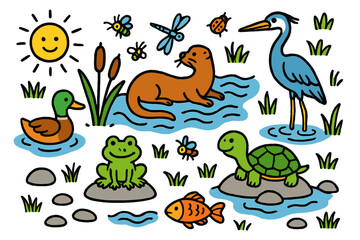 Obraz premium River Wildlife Doodle. River wildlife. Colorful Hand-drawn doodle Children illustration River wildlife otter, duck, frog, turtle, fish, heron, reeds, insects,