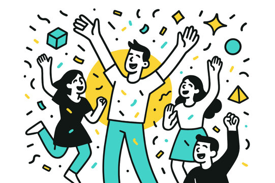 Confetti Celebration. Confetti Explosion. Confetti raining down on a crowd with floating abstract geometric shapes and soft glowing accents, energetic and