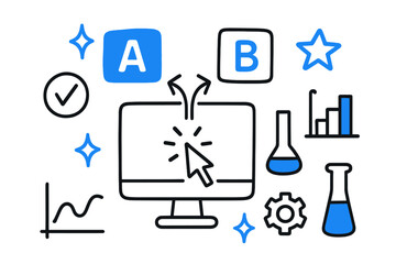 A_B Testing Doodle. // A/B testing. Hand-drawn doodle illustration A/B testing [A card (accented), B card (accented), split arrow (accented), monitor, cursor