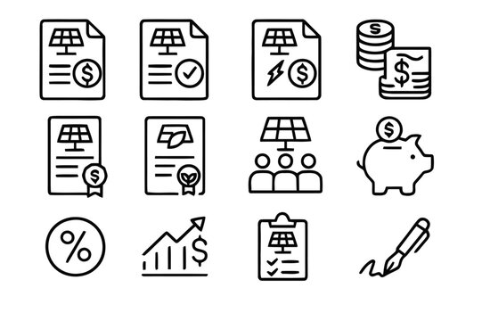 Solar Financing Icons. Solar financing. Line icon set of solar financing: loan document, lease contract, ppa agreement, grant money, tax credit certificate,