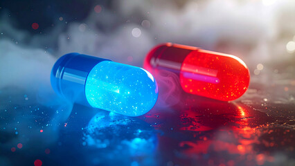 Neon glowing red and blue capsules symbolizing futuristic choice and technological innovation

