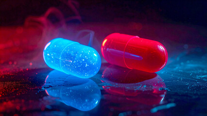 Neon glowing red and blue capsules symbolizing futuristic choice and technological innovation
