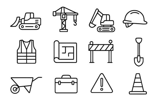 Construction Icon Set. Construction site. Line icon set of construction site: bulldozer, crane, excavator, safety helmet, vest, blueprint, barrier, shovel,