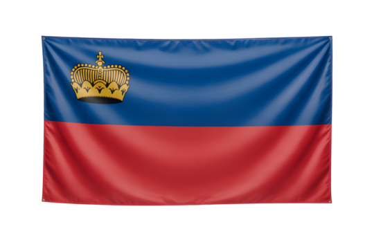 Stunning Liechtenstein flag with golden crown emblem, vibrant blue and red fabric waving majestically, perfect for national pride and European travel