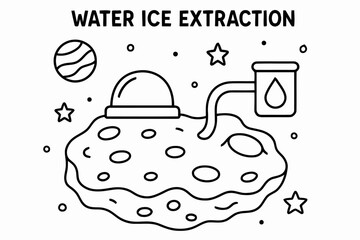Fototapeta premium Ice Extraction Coloring Page. Water ice extraction children?s coloring book illustration, outlined drawing, small dome heater melting ice on an asteroid into a