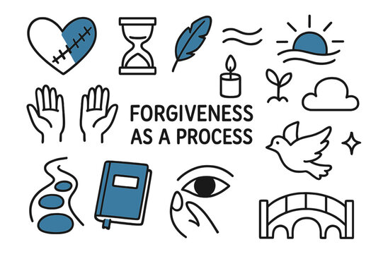 Doodle of Forgiveness Symbols. Forgiveness as a process. Hand-drawn doodle illustration forgiveness as a process [heart with stitches (accented), hourglass