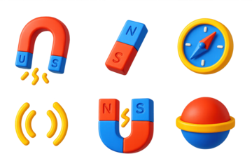 Magnetic Icon Set. 3D icon set of magnetic forces: horseshoe magnet, bar magnet, spinning compass, attraction lines, repelling
