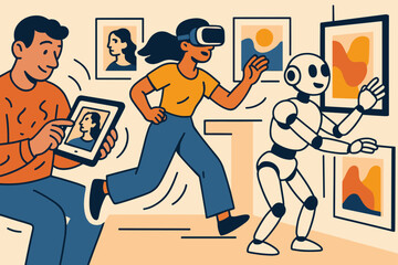 Tech-Driven Art Collection. The impact of technology on art collecting. A person browsing art pieces on a tablet, a virtual reality headset allowing collectors
