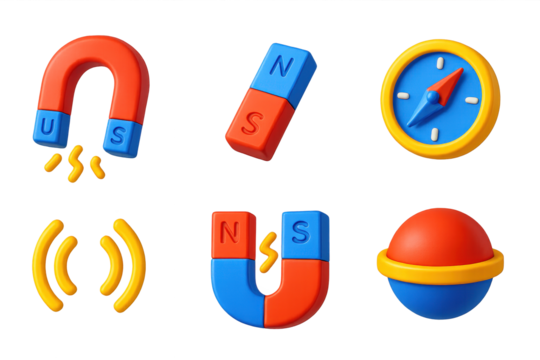 Magnetic Icon Set. 3D icon set of magnetic forces: horseshoe magnet, bar magnet, spinning compass, attraction lines, repelling