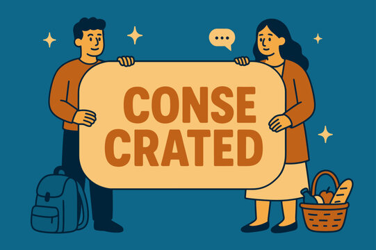 Consecrated Banner Design. Consecrated banner, flat vector illustration, bold oversized text inside rounded rectangle, cartoon characters standing and gently