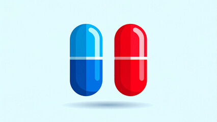 Glossy red and blue capsules symbolizing medical innovation, choice, and decisive future health
