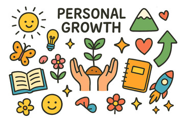 Personal Growth Doodles. Personal growth. Colorful Hand-drawn doodle Children illustration Personal growth plant sprout, book, light bulb, mountain, heart,