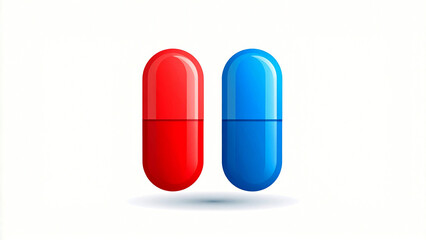 Glossy red and blue capsules symbolizing medical innovation, choice, and decisive future health
