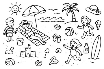 Obraz premium Beach Day Doodles. People enjoying a day at the beach. Hand-drawn doodle illustration people enjoying a day at the beach umbrella, beach towel, sunglasses,