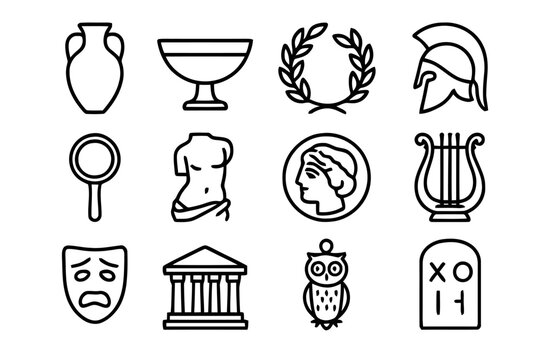Greek Relics Icons. Greek relics. Line icon set of Greek relics: amphora, kylix, laurel wreath, hoplite helmet, bronze mirror, statue fragment, drachma coin,