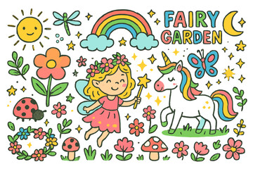 Fairyland Magic Doodles. Fairy garden, Colorful Hand-drawn doodle Children illustration Fairy garden and magical creatures. Fairy, flower, butterfly, rainbow,