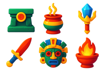 Ritual Artifact Icons. 3D icon set of ritual artifacts: stone altar, incense burner, crystal staff, ceremonial dagger, sacred mask