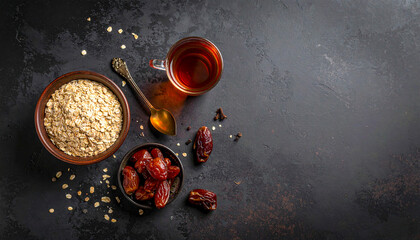 Healthy breakfast with oats, dates and tea on dark background