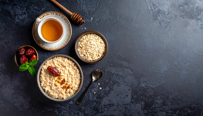 Healthy breakfast with oats, dates and tea on dark background