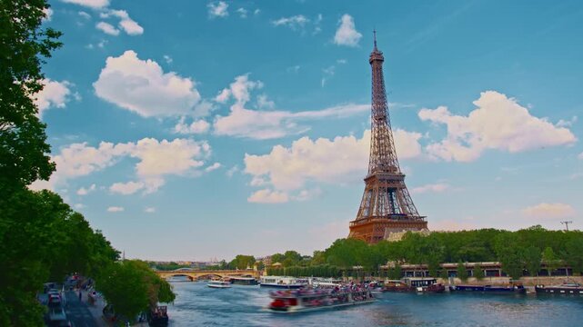 Paris, France: Timelapse of iconic landmark Eiffel Tower at summer