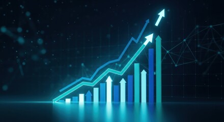 Abstract image of upward trending bar graphs and arrows on a dark, digital background