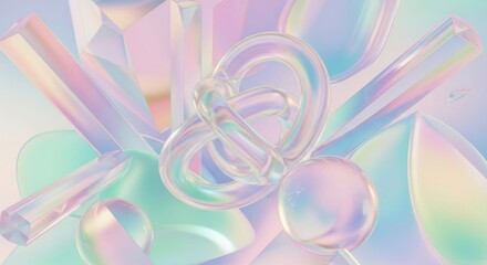 Abstract iridescent shapes float, including a pretzel, creating a surreal and pastel scene