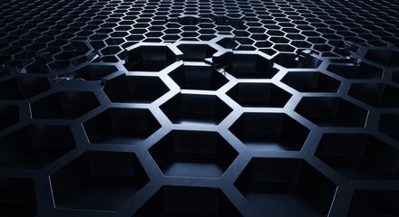 Abstract metallic surface, honeycomb pattern, dark blue hue, partial break and reflection