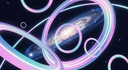 Abstract neon rings float around a galaxy background, with "2026" embedded