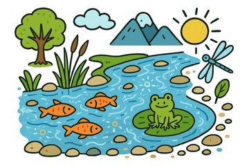 Naklejka premium Colorful River Doodle. Clear river. Colorful Hand-drawn doodle Children illustration Clear river flowing water, smooth stones, fish, reeds, dragonfly, sunlight