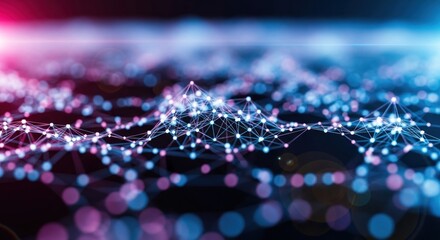 Abstract network illustration of connected nodes with light flares in blue and pink hues