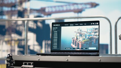 Laptop on drilling rig ship with dashboard monitoring operation performance. Notebook on offshore platform deck with application used to control systems remotely, panning shot