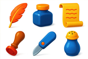 3D Writing Tools Icons. 3D icon set of writing tools: feather quill, ink bottle, parchment sheet, wax stamp, pen knife, sand