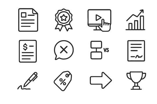 Sales Pitch Icons. Sales Pitch. Line icon set of Sales Pitch: proposal document, value proposition badge, product demo, ROI chart, pricing table, objection