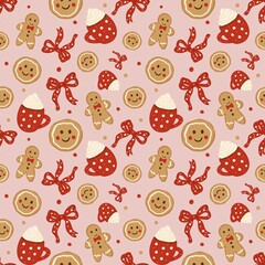 Festive Cozy Pattern with Hot Cocoa, Cookies, and Decorative Bows