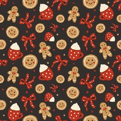Christmas Treats Seamless Pattern with Bows, Gingerbread Men, and Cocoa