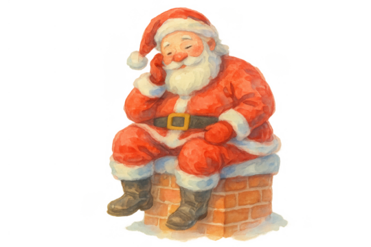 Santa claus sitting on chimney having a rest, a watercolor illustration for christmas and winter holidays