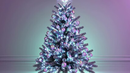 Sparkling christmas tree with shimmering ornaments and lights on soft purple background. concept of festive holiday decor, joyful celebration, winter wonderland magic - Powered by Adobe