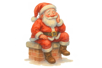 Santa claus falling asleep on a snowy chimney top after a long night of toy delivery. Watercolor christmas holiday illustration