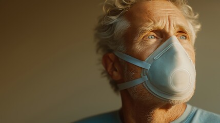 A concerned senior man wearing a protective respirator face mask. Close-up portrait with dramatic lighting. Health, safety, and pandemic protection concept with copy space