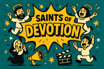 Saints Devotion Banner. Saints of Devotion banner, flat vector illustration, bold oversized text inside comic burst banner, cartoon characters jumping and