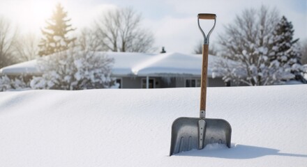 A snow shovel stands in deep fresh snow after a winter storm. Suburban home in the background on a sunny day. Snow removal chore concept